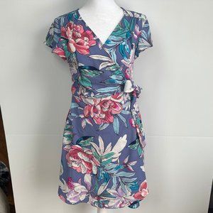 Charlotte Russe Crepe V-neck Flutter Wrap Dress Purple Multi Floral M